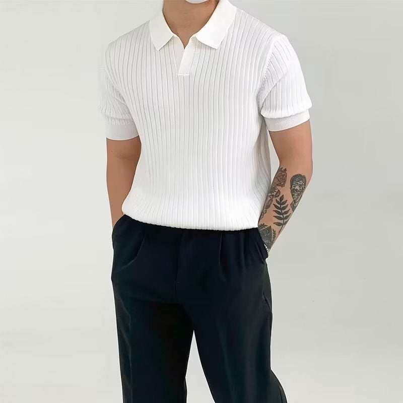 Men's Polo Shirt with Textured Pattern and Button Placket – White