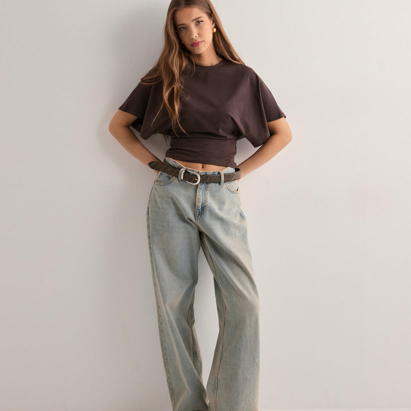Crop T-shirt with Batwing Sleeves and Fitted Waist