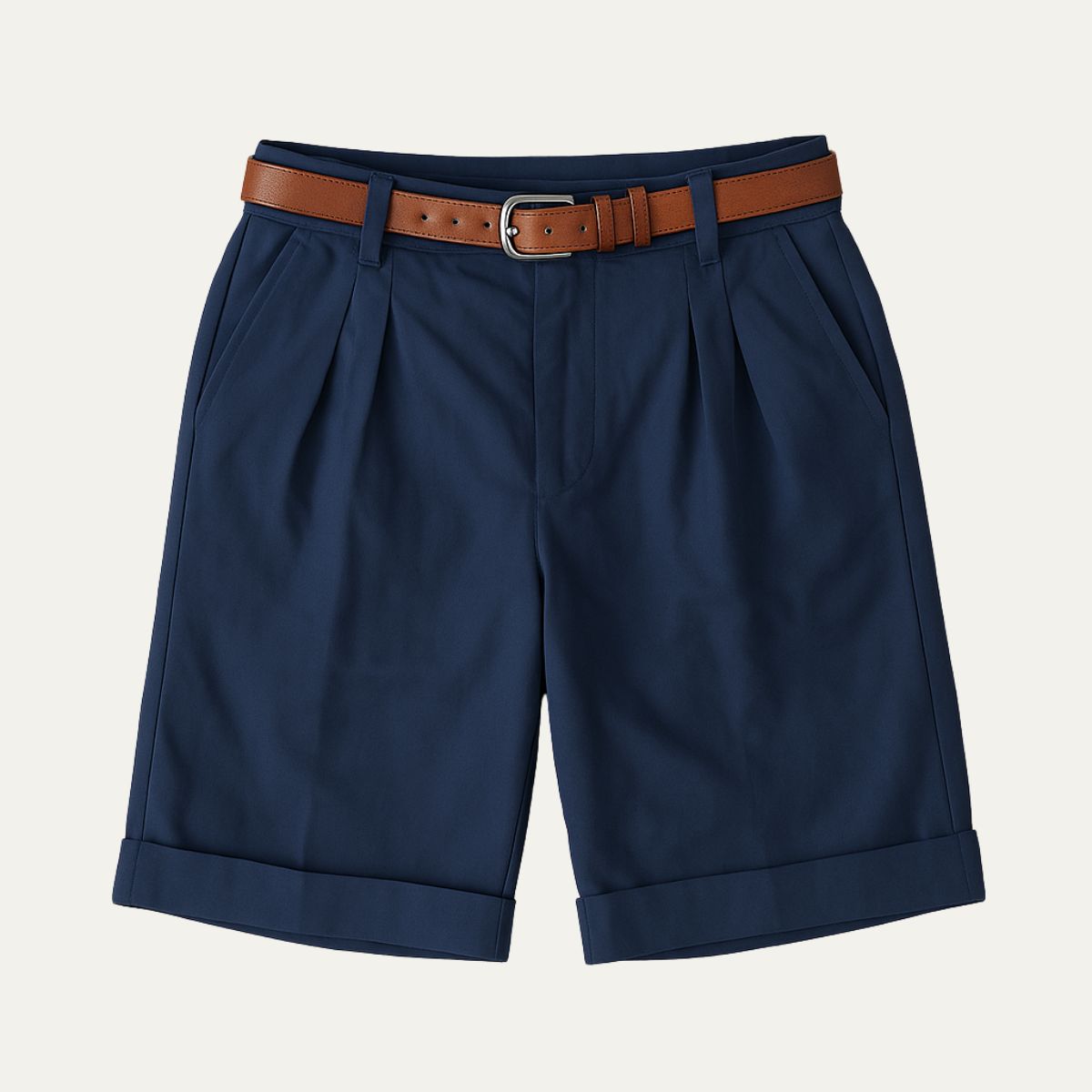 Men's Chino Shorts - Double Pleats - Leather Belt - Rolled Cuffs