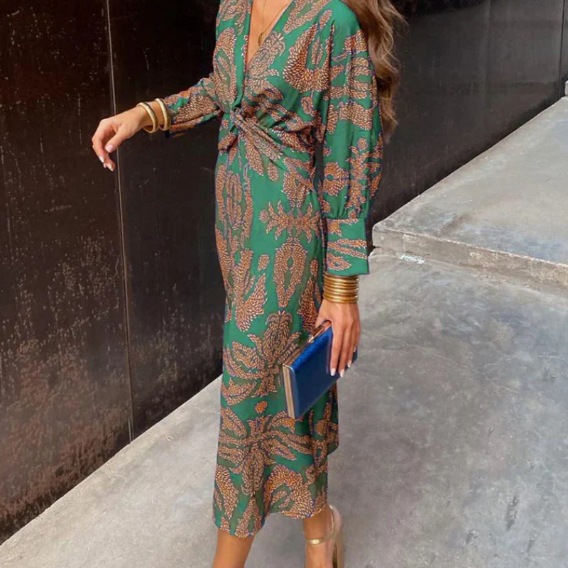 Midi dress with wrap effect and leaf print