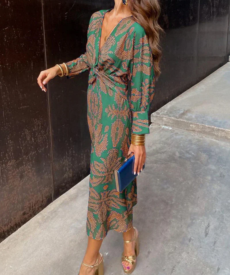 Women's Midi Dress with Wrap Effect and Leaf Print