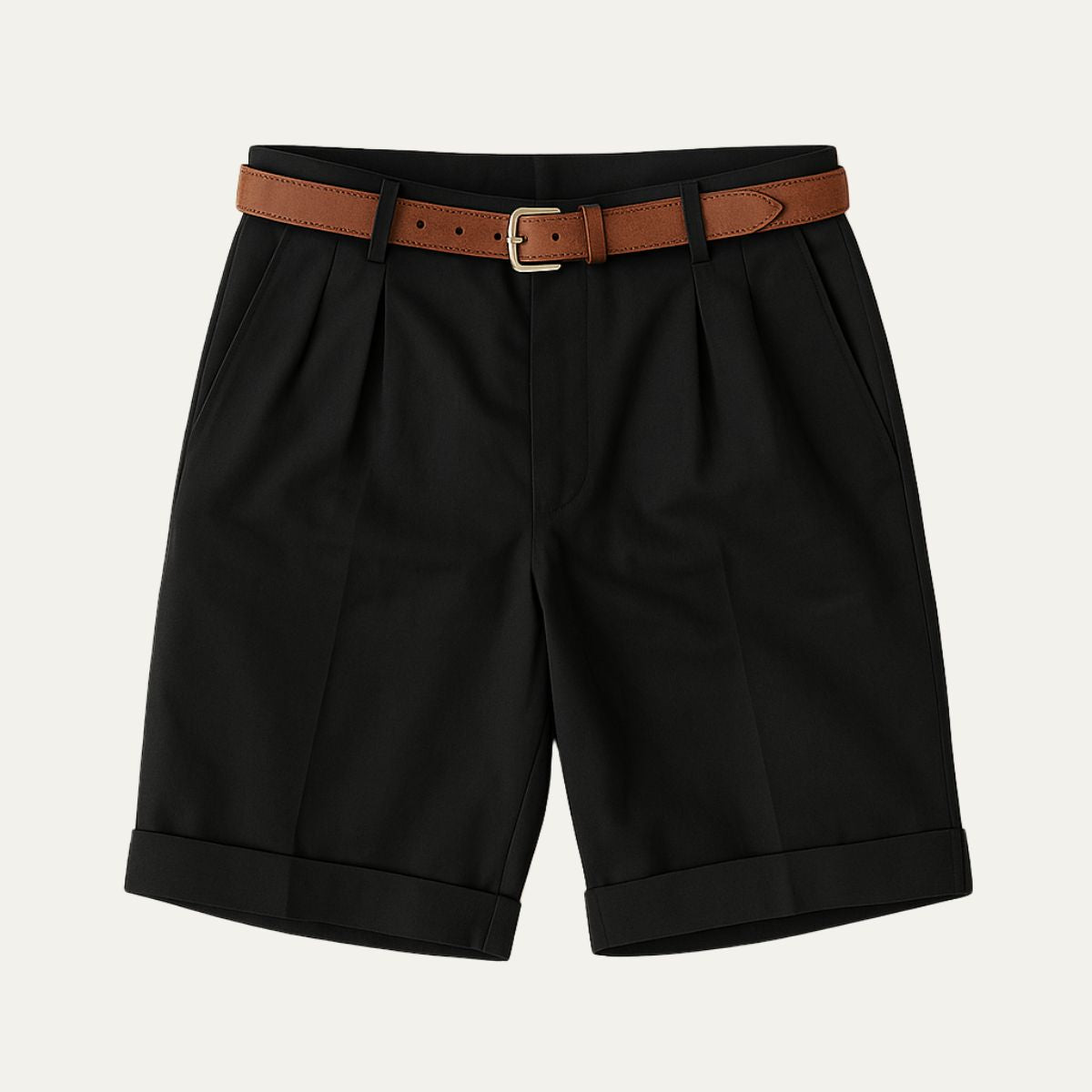 Men's Chino Shorts - Double Pleats - Leather Belt - Rolled Cuffs