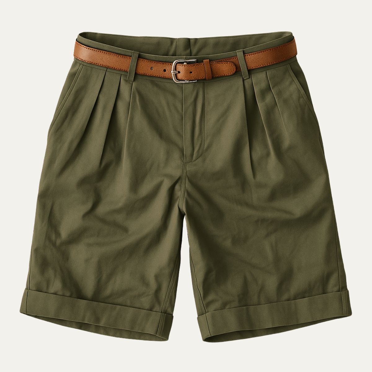 Men's Chino Shorts - Double Pleats - Leather Belt - Rolled Cuffs