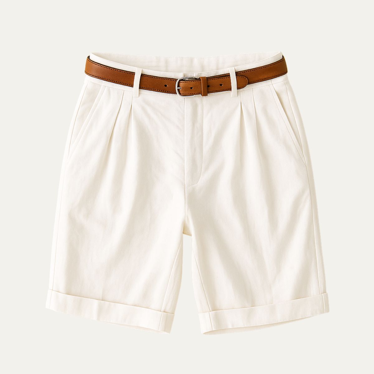 Men's Chino Shorts - Double Pleats - Leather Belt - Rolled Cuffs