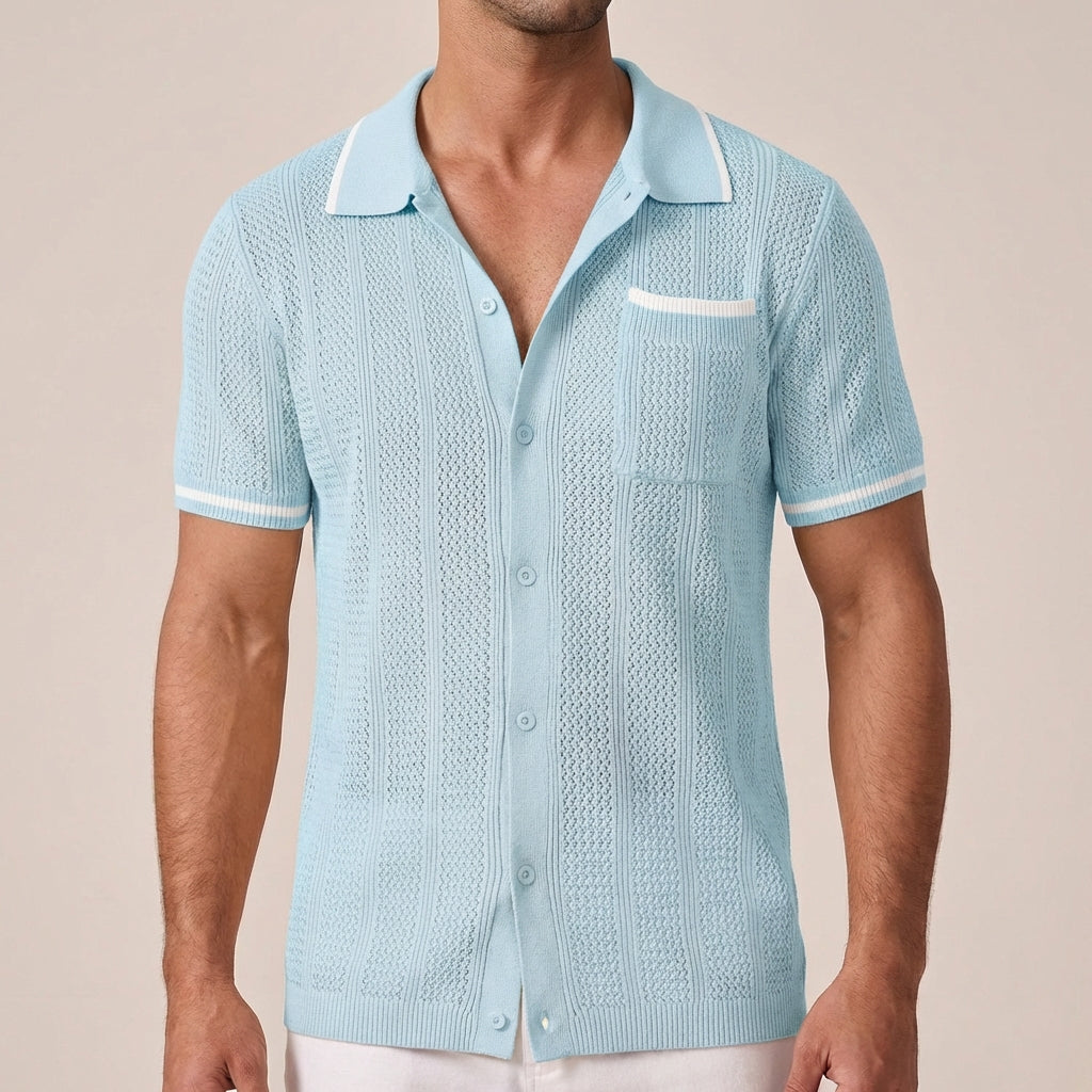 Men's Short Sleeve Shirt in Lattice Style - Casual Summer Shirt with Camp Collar and Button Closure with Contrast Trimmings