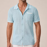 Men's Short Sleeve Shirt in Lattice Style with Camp Collar and Contrast Trimmings