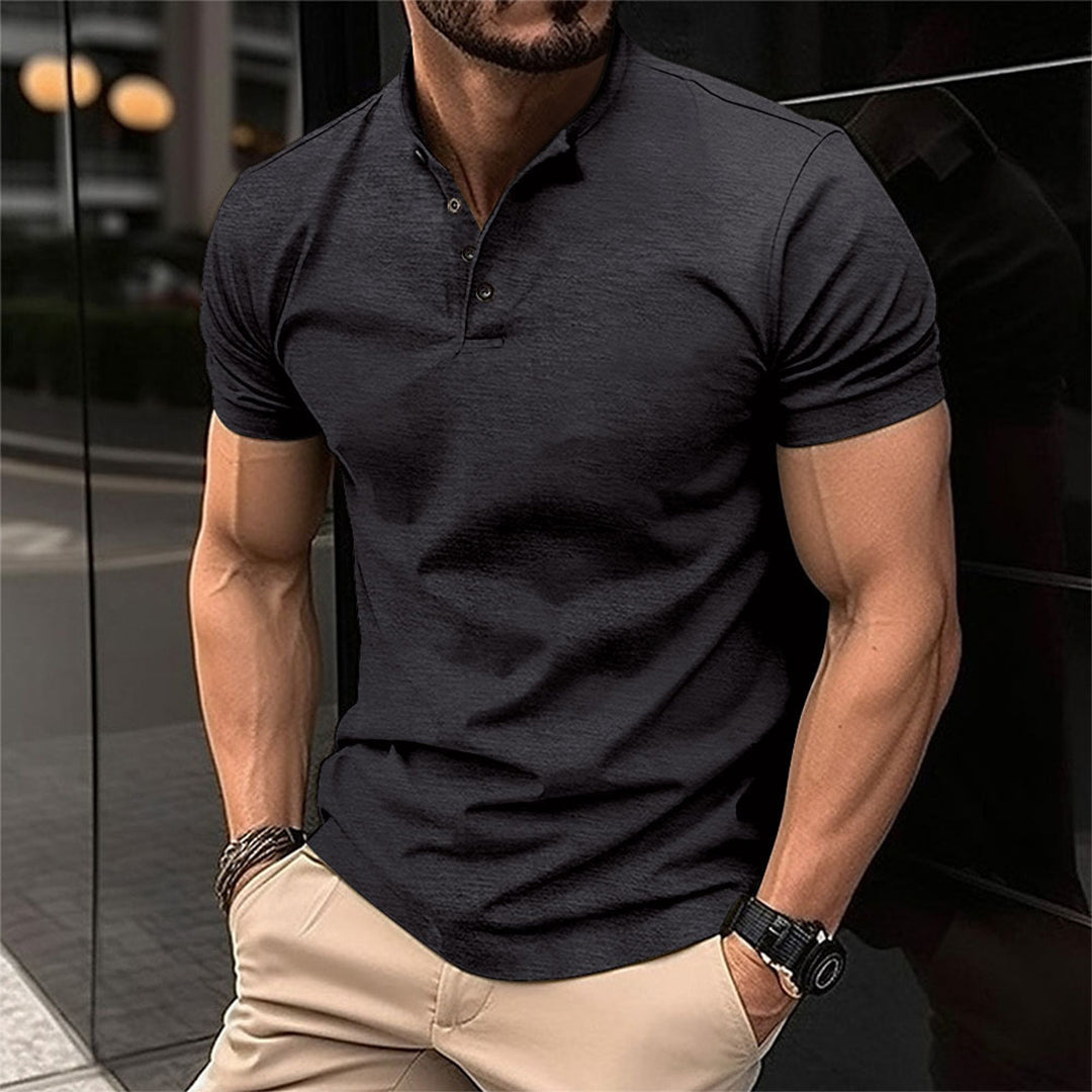 Men's Short Sleeve Polo with Stand Collar and Button Placket