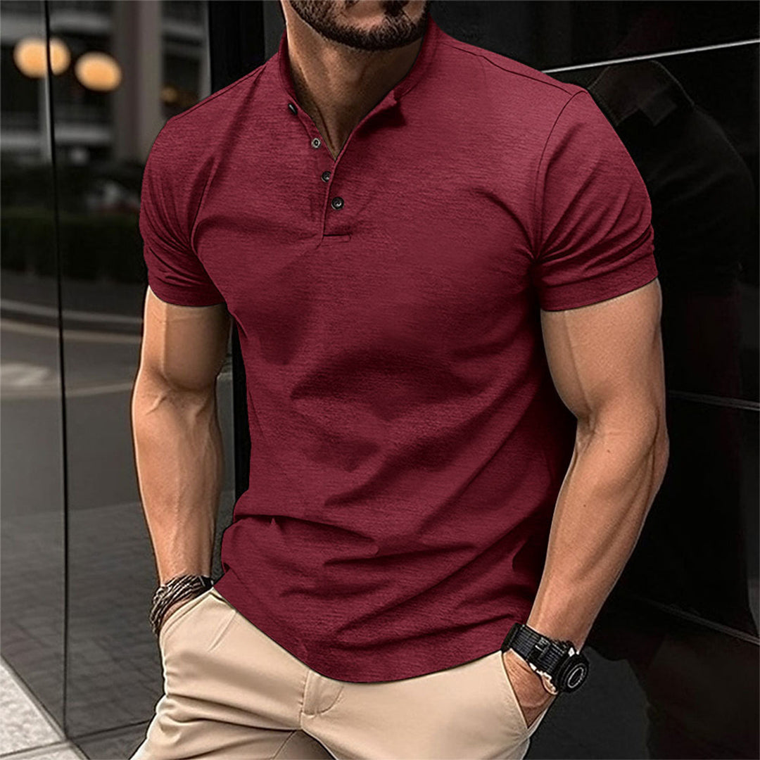 Men's Short Sleeve Polo with Stand Collar and Button Placket