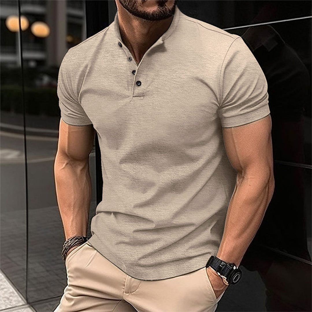Men's Short Sleeve Polo with Stand Collar and Button Placket