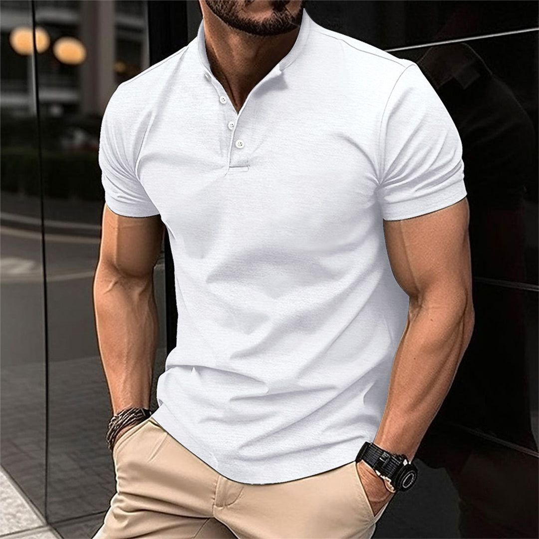 Men's Short Sleeve Polo with Stand Collar and Button Placket