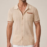 Men's Short Sleeve Shirt in Lattice Style with Camp Collar and Contrast Trimmings