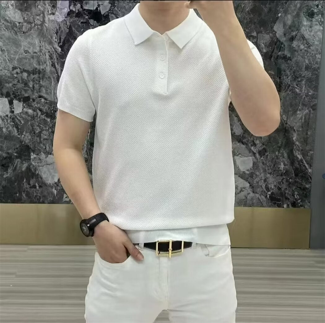 Men's Polo Shirt with Structural Pattern and Button Placket