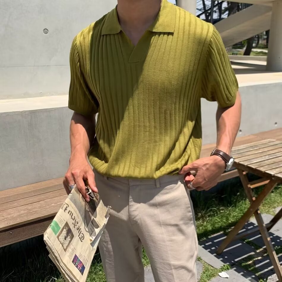 Men's Polo Shirt with Structural Pattern and Button Placket