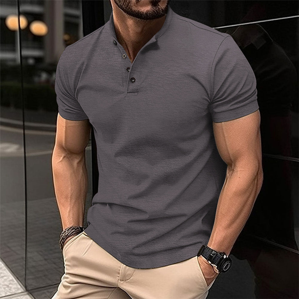 Men's Short Sleeve Polo with Stand Collar and Button Placket
