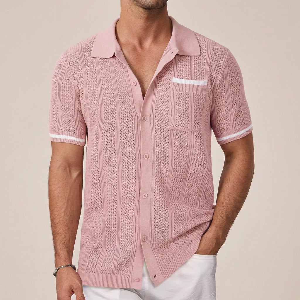 Men's Short Sleeve Shirt in Lattice Style - Casual Summer Shirt with Camp Collar and Button Closure with Contrast Trimmings