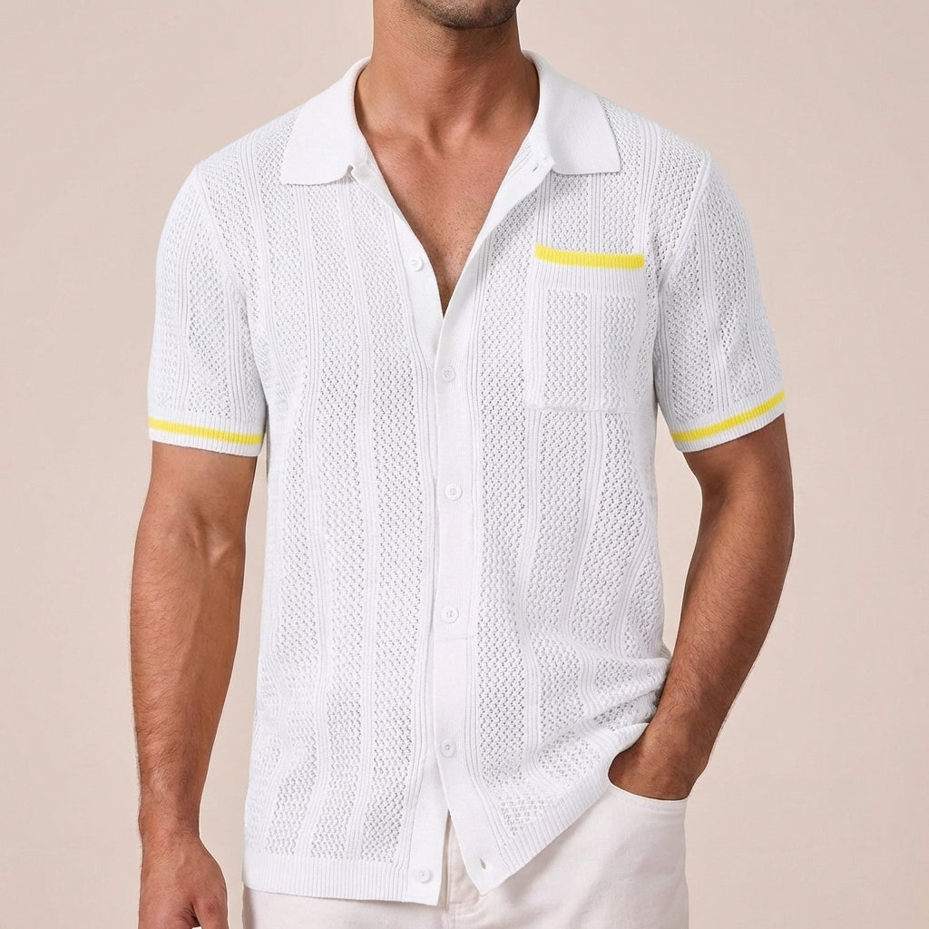 Men's Short Sleeve Shirt in Lattice Style - Casual Summer Shirt with Camp Collar and Button Closure with Contrast Trimmings
