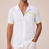 Men's Short Sleeve Shirt in Lattice Style with Camp Collar and Contrast Trimmings